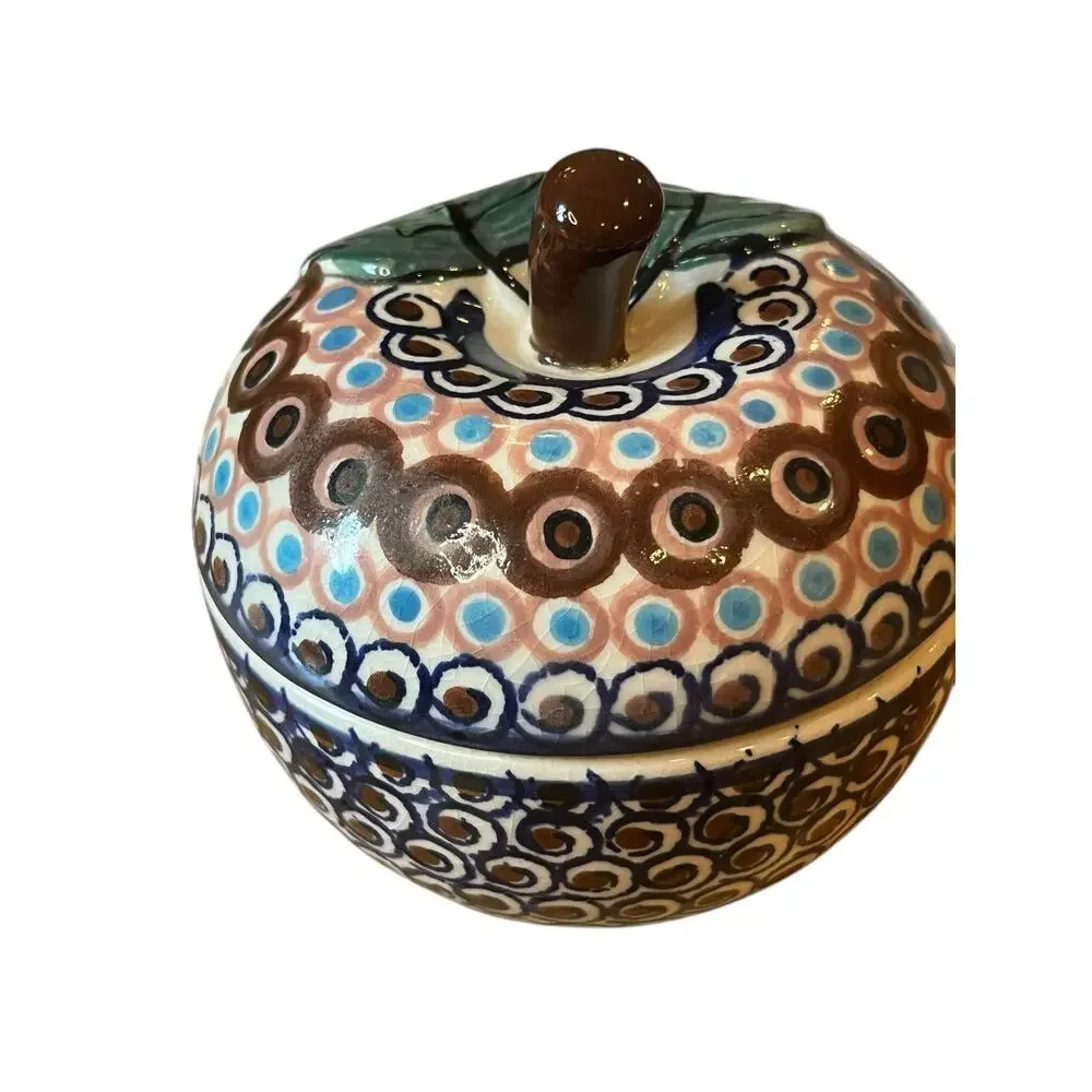 Nowogrodziec Polish Pottery Ceramic Apple Baker Dish Trinket 4.5” Wide